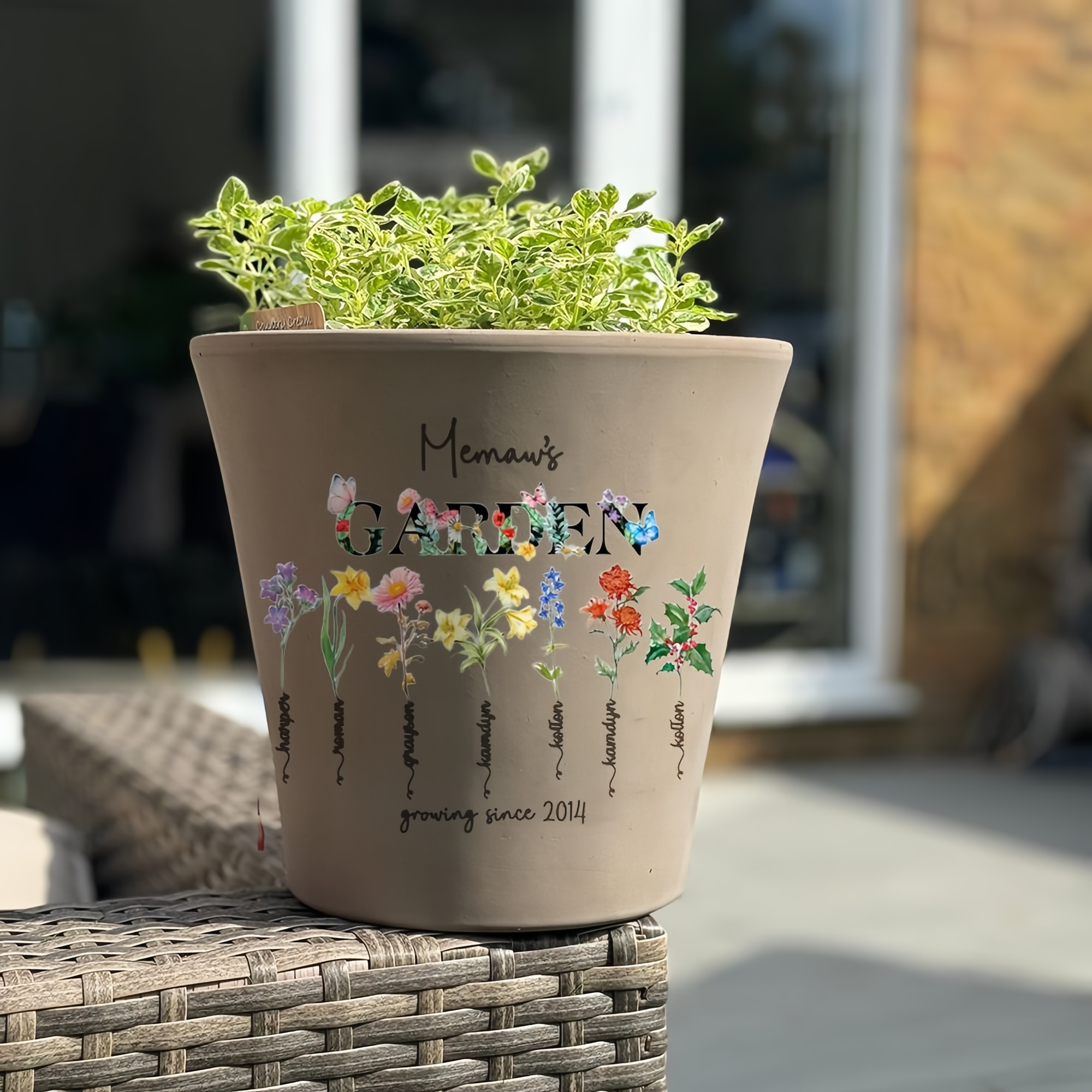 Engraved Flower Personalized Pot With Birth Month Flower and Loved One's Name.