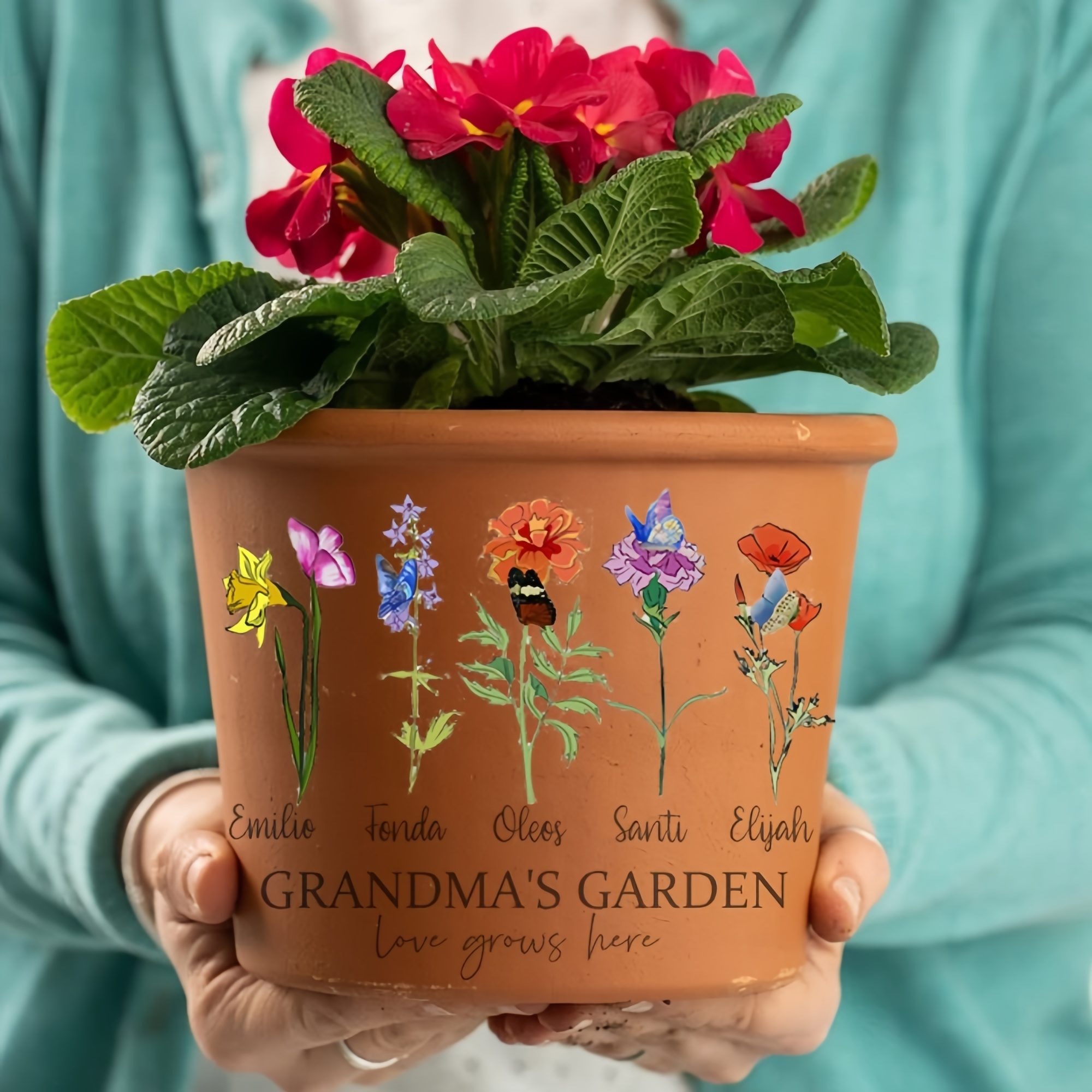 Engraved Flower Personalized Pot With Birth Month Flower and Loved One's Name.