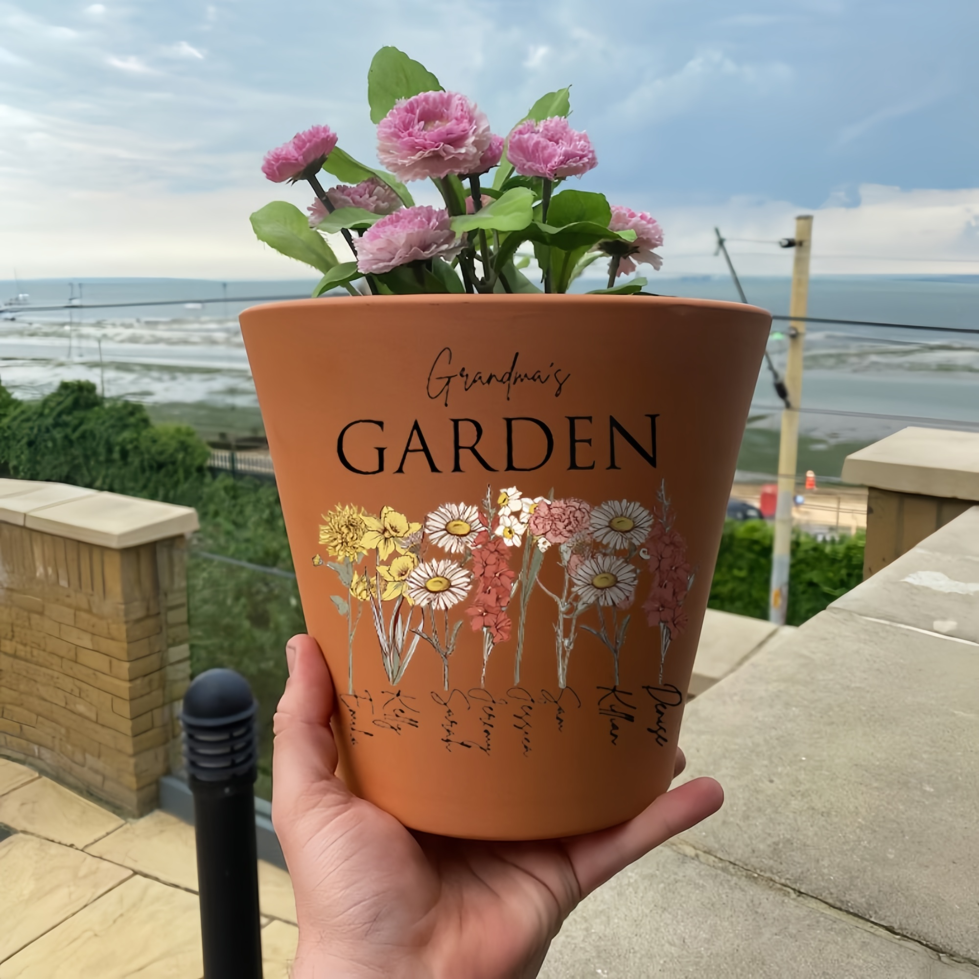 Engraved Flower Personalized Pot With Birth Month Flower and Loved One's Name.