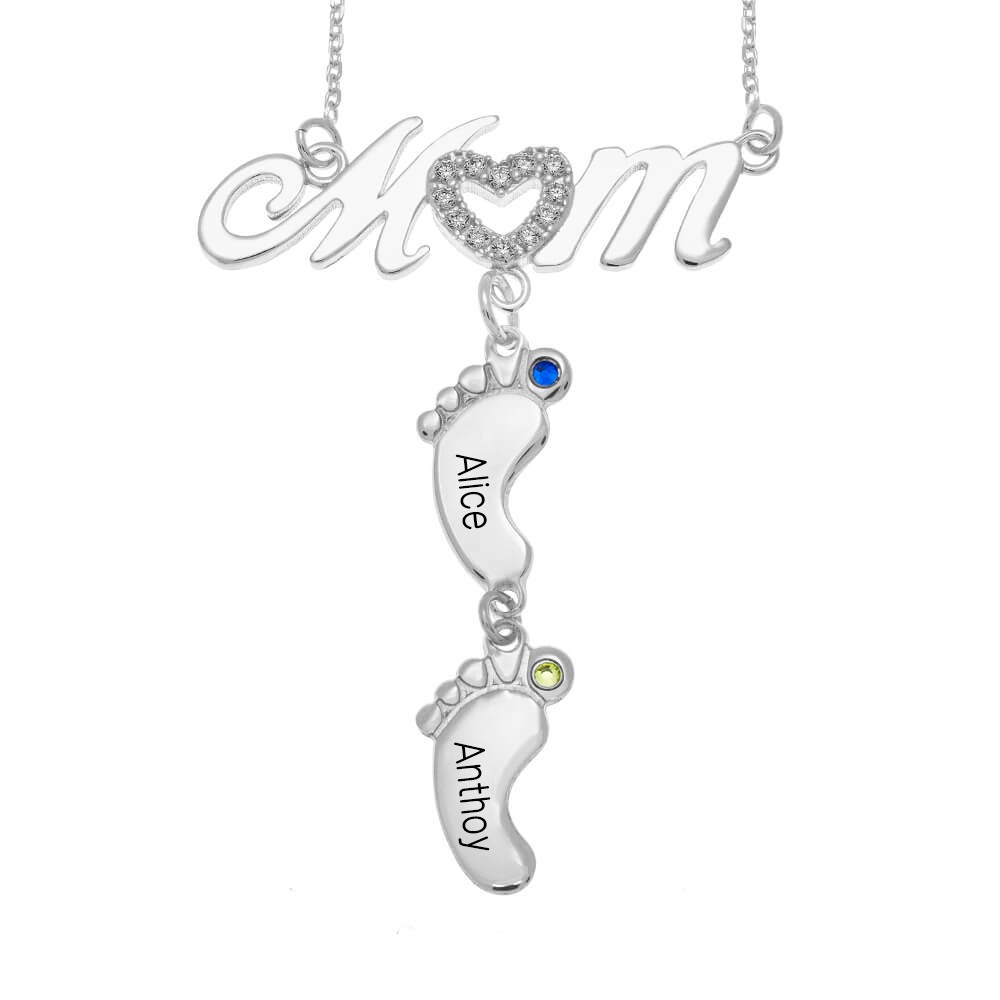 Silver Personalized Mom Name Necklace With Birthstones 1-10 BabyFeet Charms