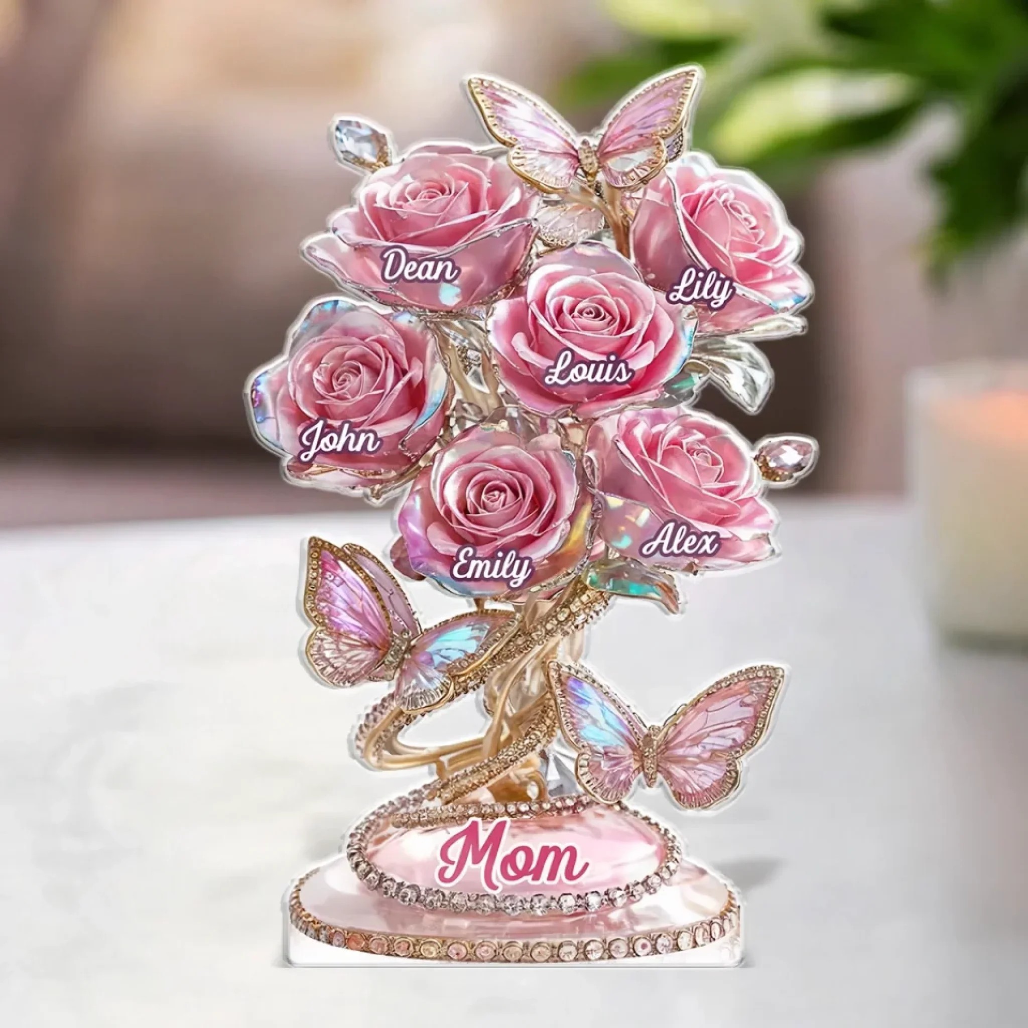 Custom Family Rose Tree Acrylic with Names Butterfly Flower Decor for Mother’s Day