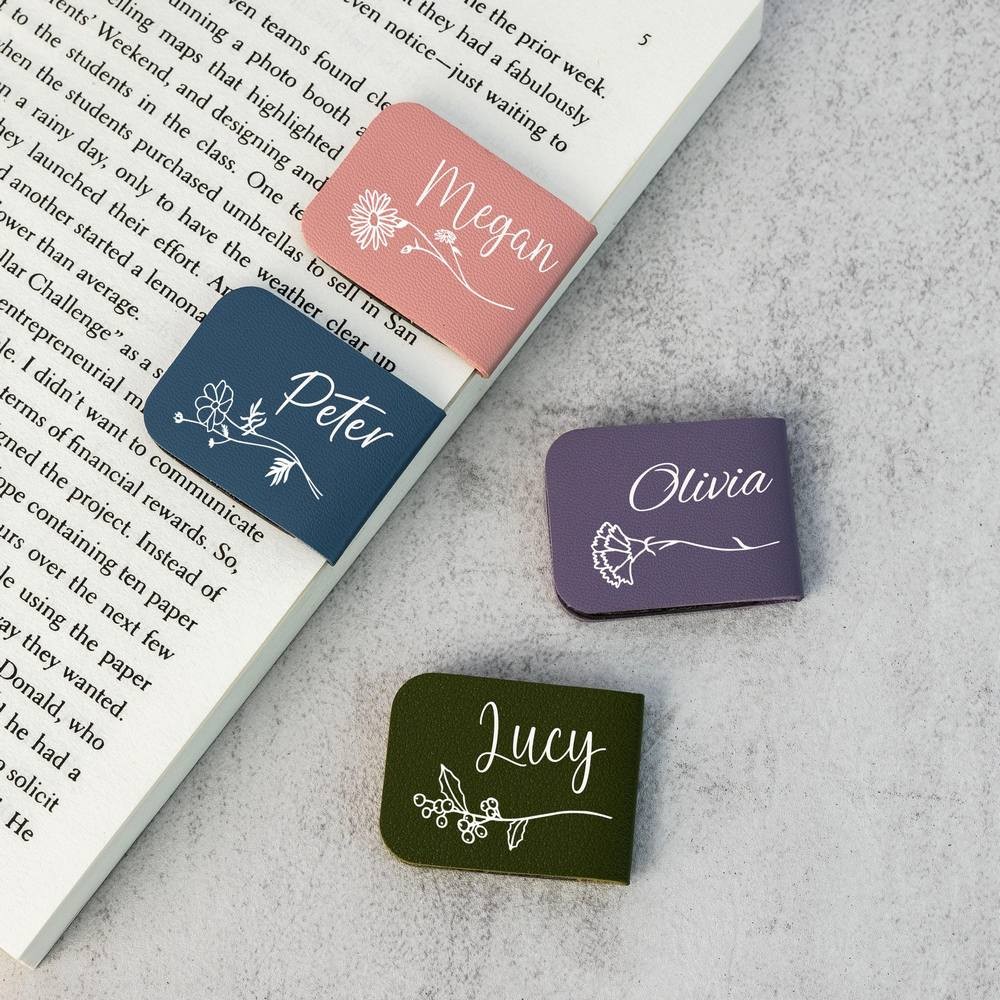 Custom Leather Magnetic Bookmark with Birth Flower,Name Leather Book Mark for Him/Her