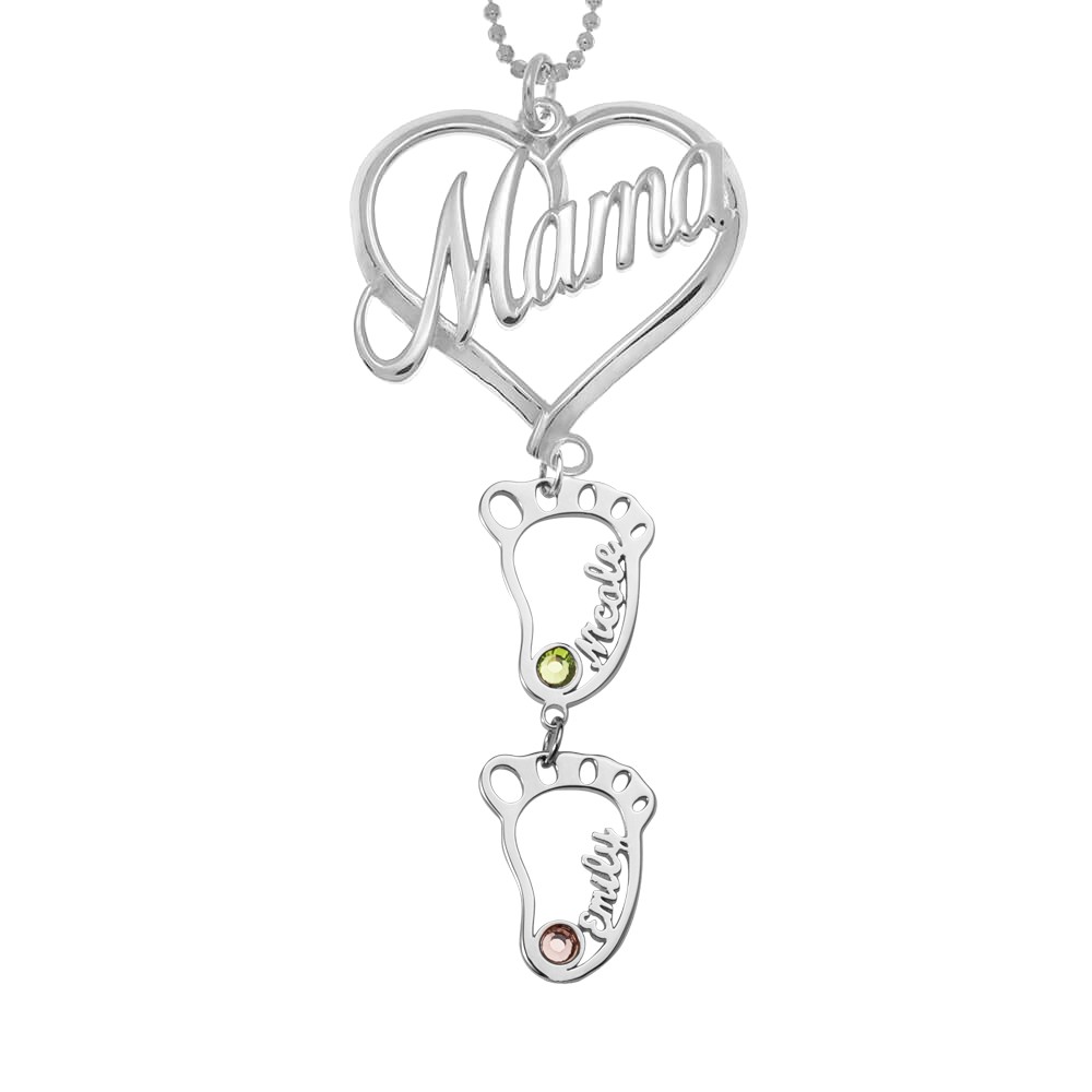 Silver Personalized Mama Heart Birthstones Name Necklace with 1-10 Hollow BabyFeet Charms