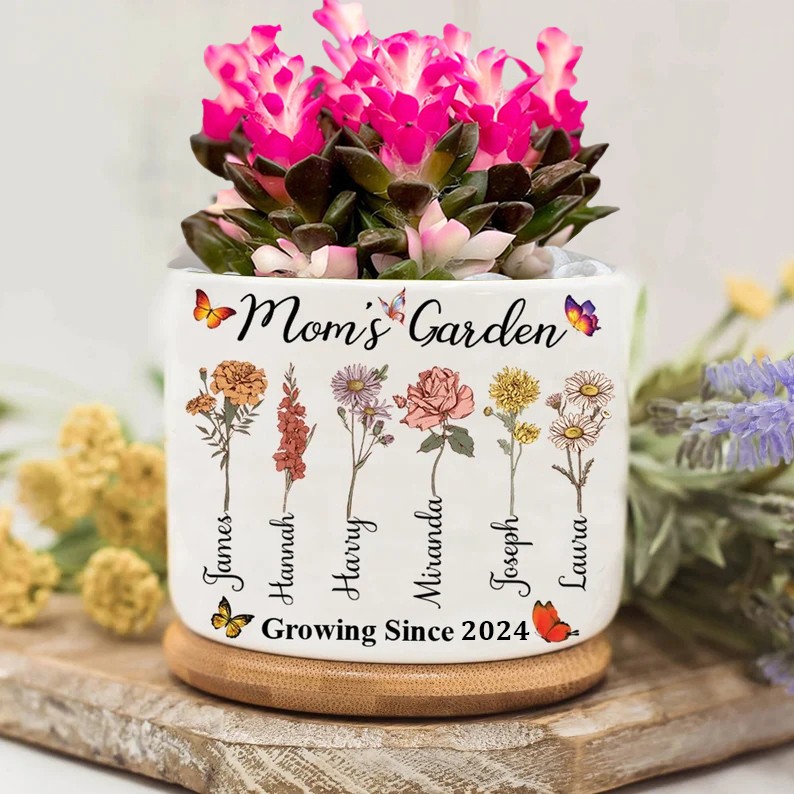 Personalized Birth Month Flower Pots with Grandkids Names, Mother's Day Gift.