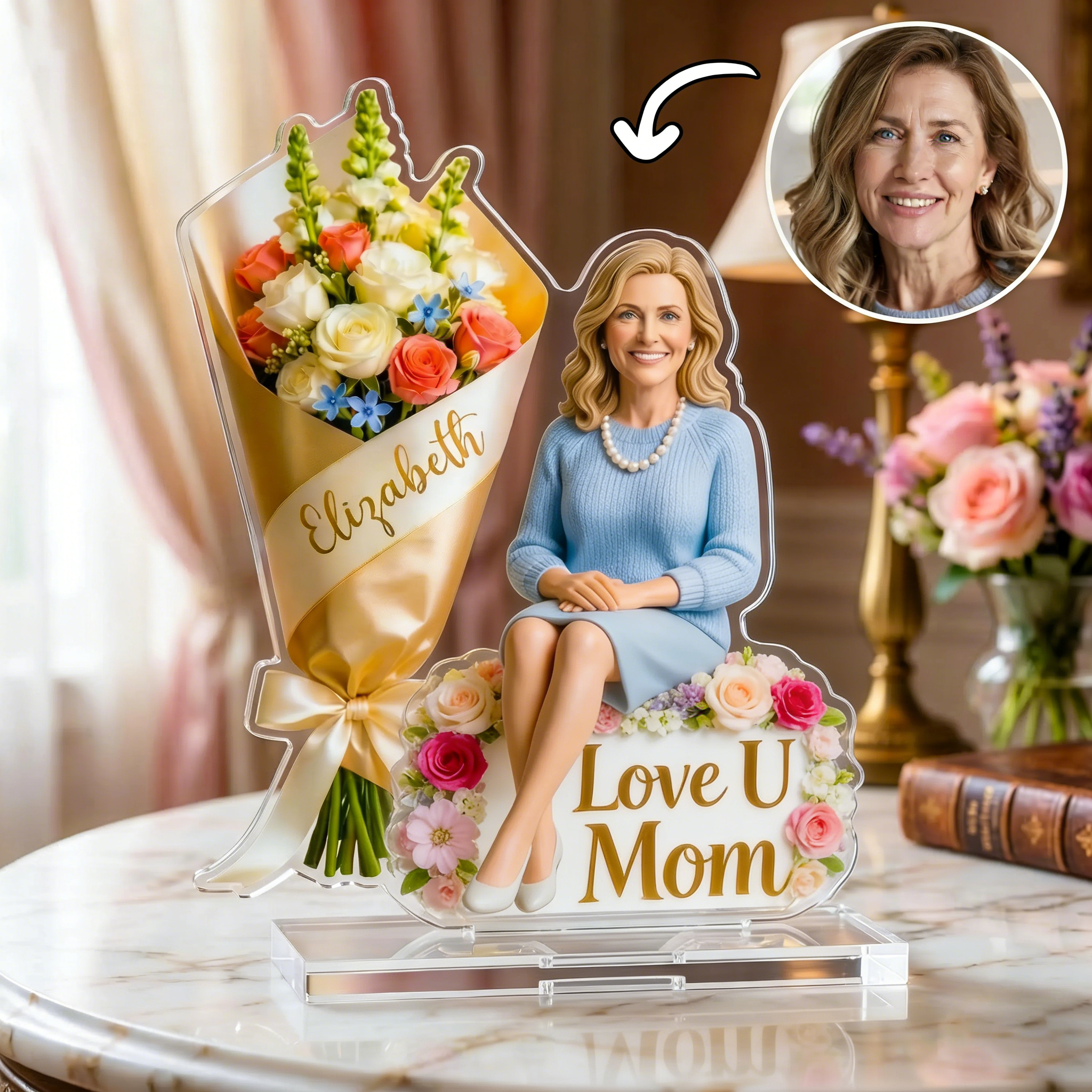 Personalized Photo Birthday Plaque for Women, Custom Face Acrylic Plaque, Any Age Birthday Gift, Floral Number Birthday for Mom Grandma