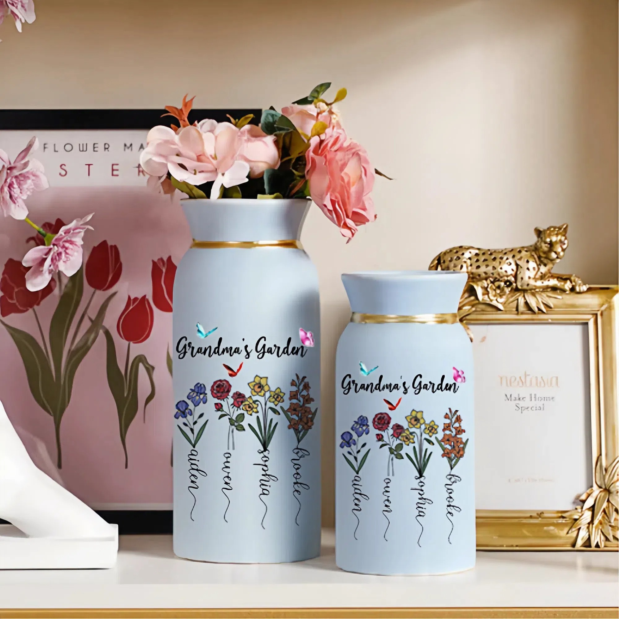 Personalized Birth Month Flower Vase with Grandkids Names, Mother's Day Gift