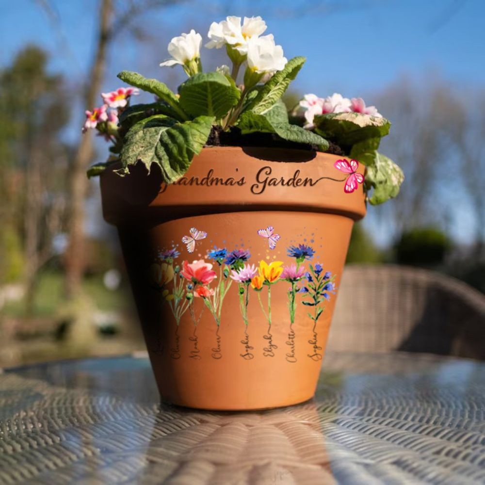 Engraved Flower Personalized Pot With Birth Month Flower and Loved One's Name.