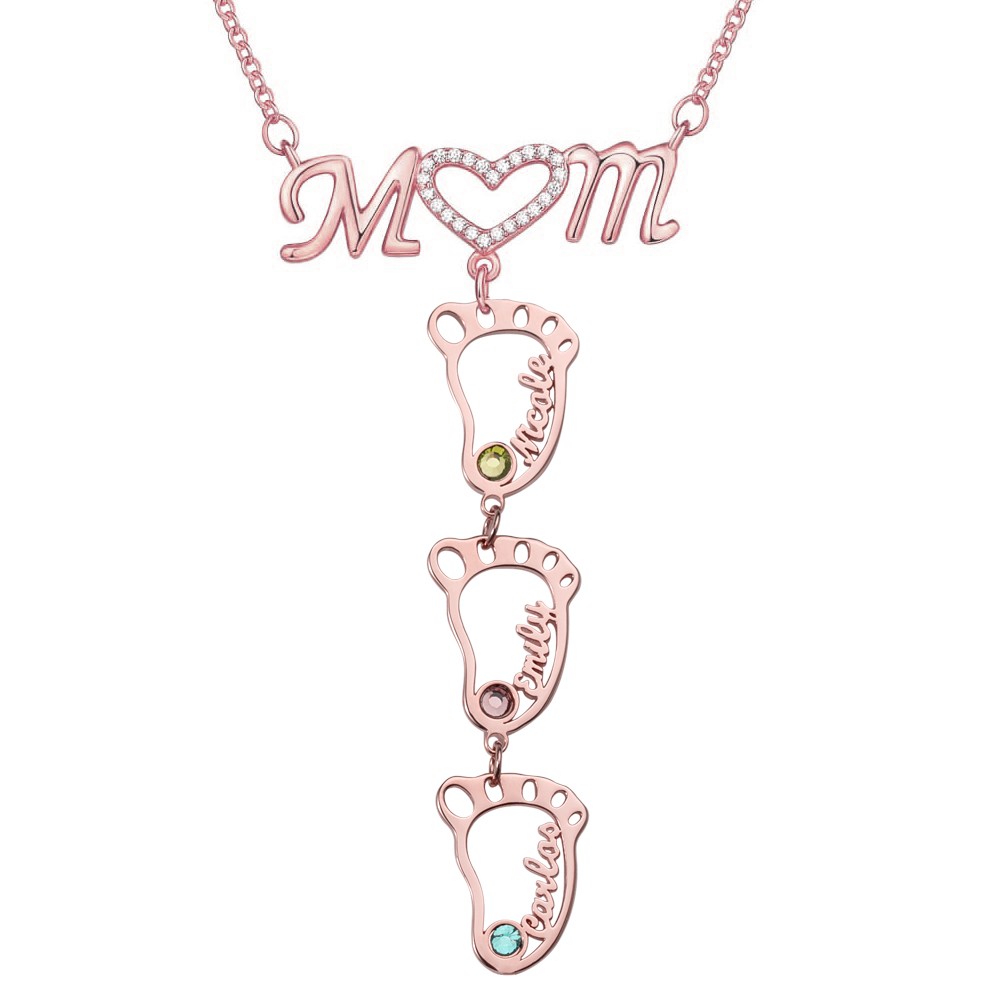 18K Rose Gold Plating Personalized 1-10 Hollow BabyFeet Name Mom Necklace With Birthstones