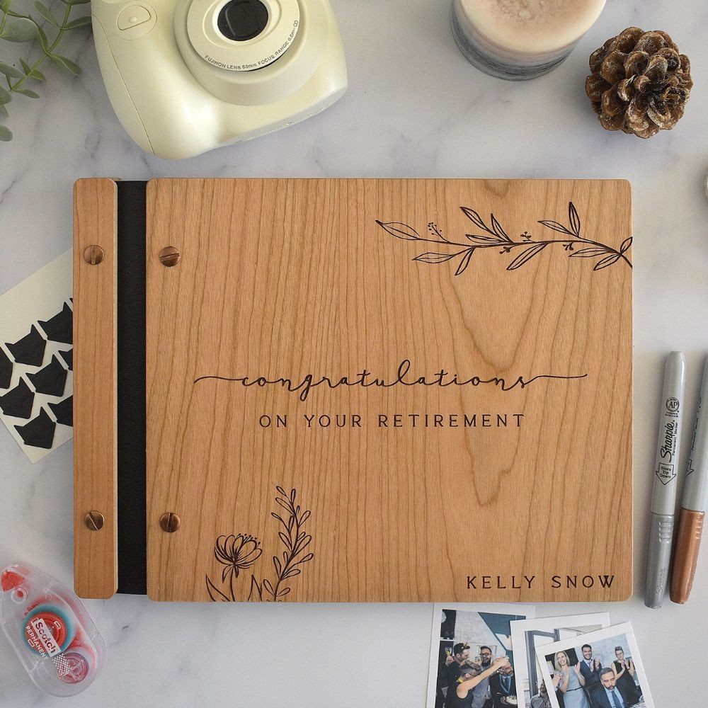 Personalized Retirement Gift, Wooden Guest Book with Custom Engraved Cover, "Congratulations on your Retirement!" Keepsake, Retirement Party