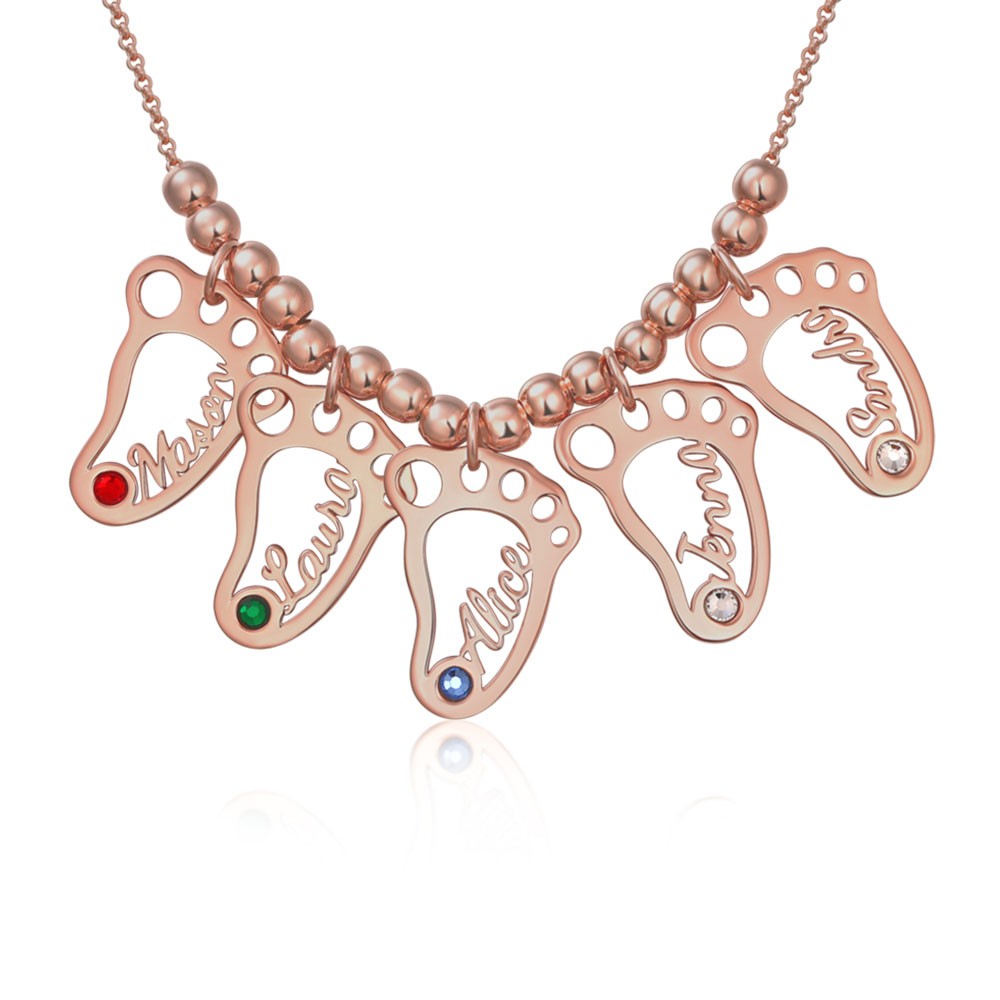 18K Rose Gold Plating Personalized 1-10 Hollow Baby Feet Name Necklace With Birthstone