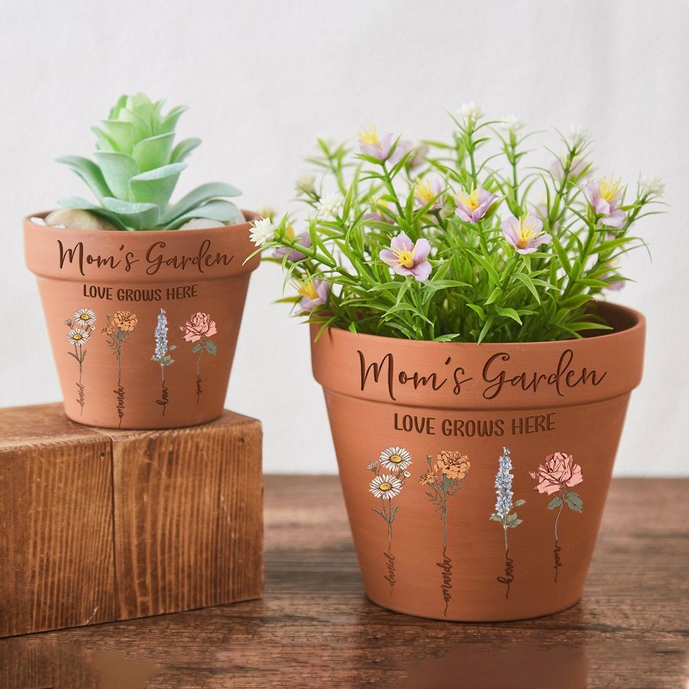 Engraved Flower Personalized Pot With Birth Month Flower and Loved One's Name.