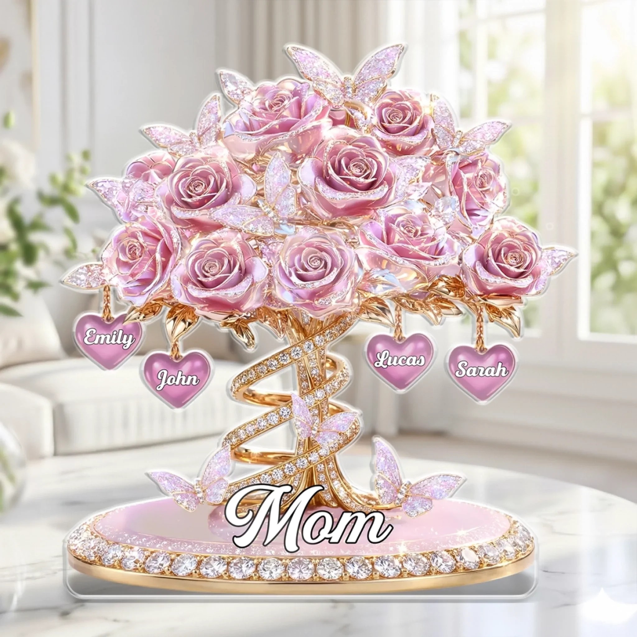 Custom Family Rose Tree Acrylic with Names Butterfly Flower Decor for Mother’s Day