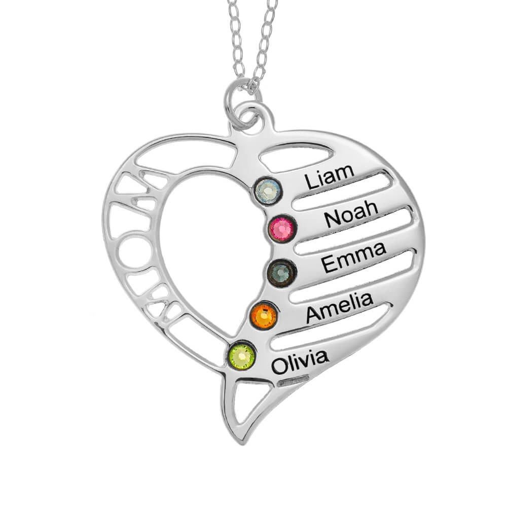 Silver Personalized Mom Heart Necklace with Birthstones Up to 1-6 Names and Birthstone