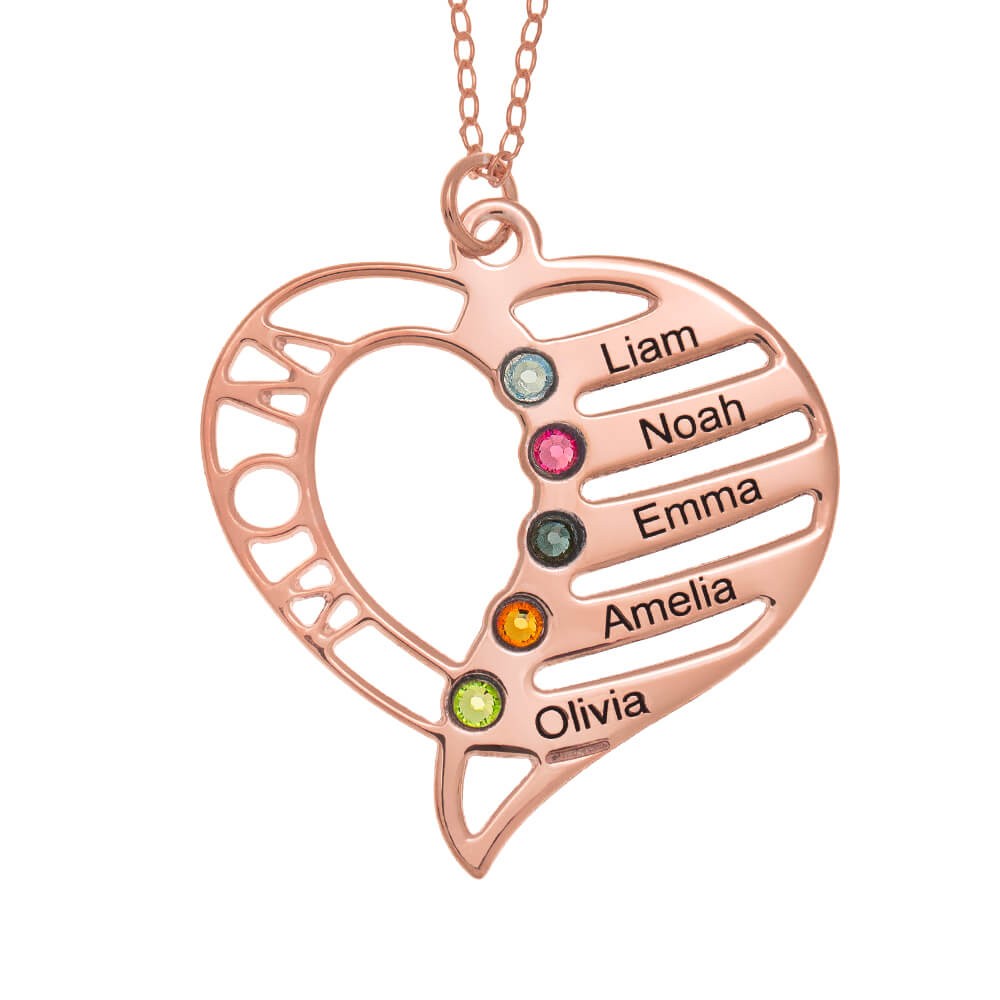 18K Rose Gold Plating Personalized Mom Heart Necklace with Birthstones Up to 1-6 Names and Birthstone
