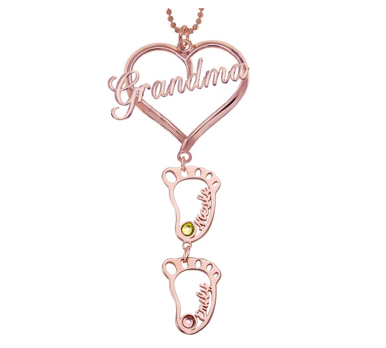 18K Rose Gold Plating Personalized Grandma Heart Birthstones Name Necklace with 1-10 Hollow BabyFeet Charms