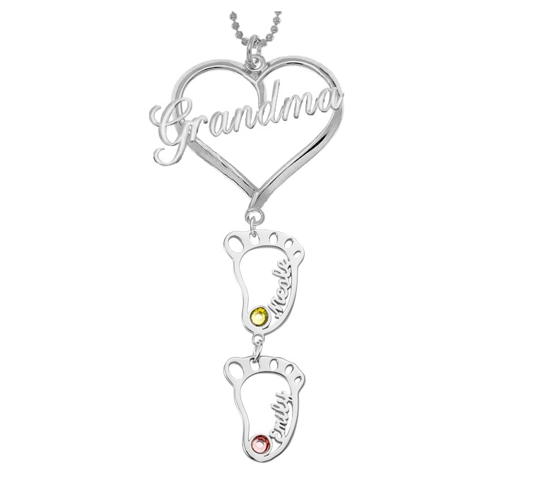 Silver Personalized Grandma Heart Birthstones Name Necklace with 1-10 Hollow BabyFeet Charms