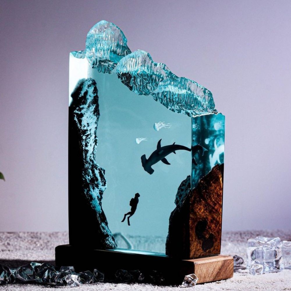 Hammerhead Shark and Diver Resin Night Light Epoxy and Wooden Lamp