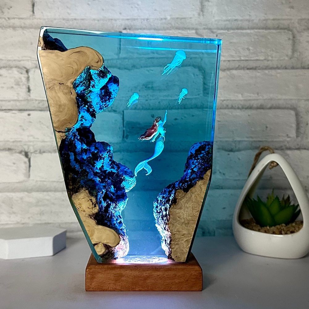 Mermaid and Jellyfish resin night light,Epoxy and Wooden Night Lights, Birthday Gifts, Father gift,gift for him
