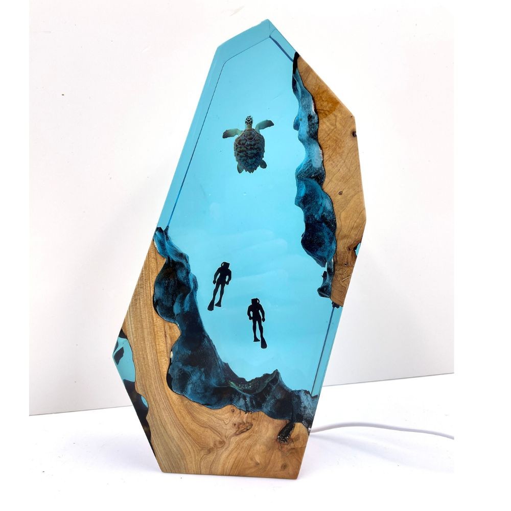 Sea Turtle & Couple Diver Night light, Winter gifts, Large Epoxy Resin Wood Table lamps, Home decor unique gift, Mother day gift, Gift For Her or Him