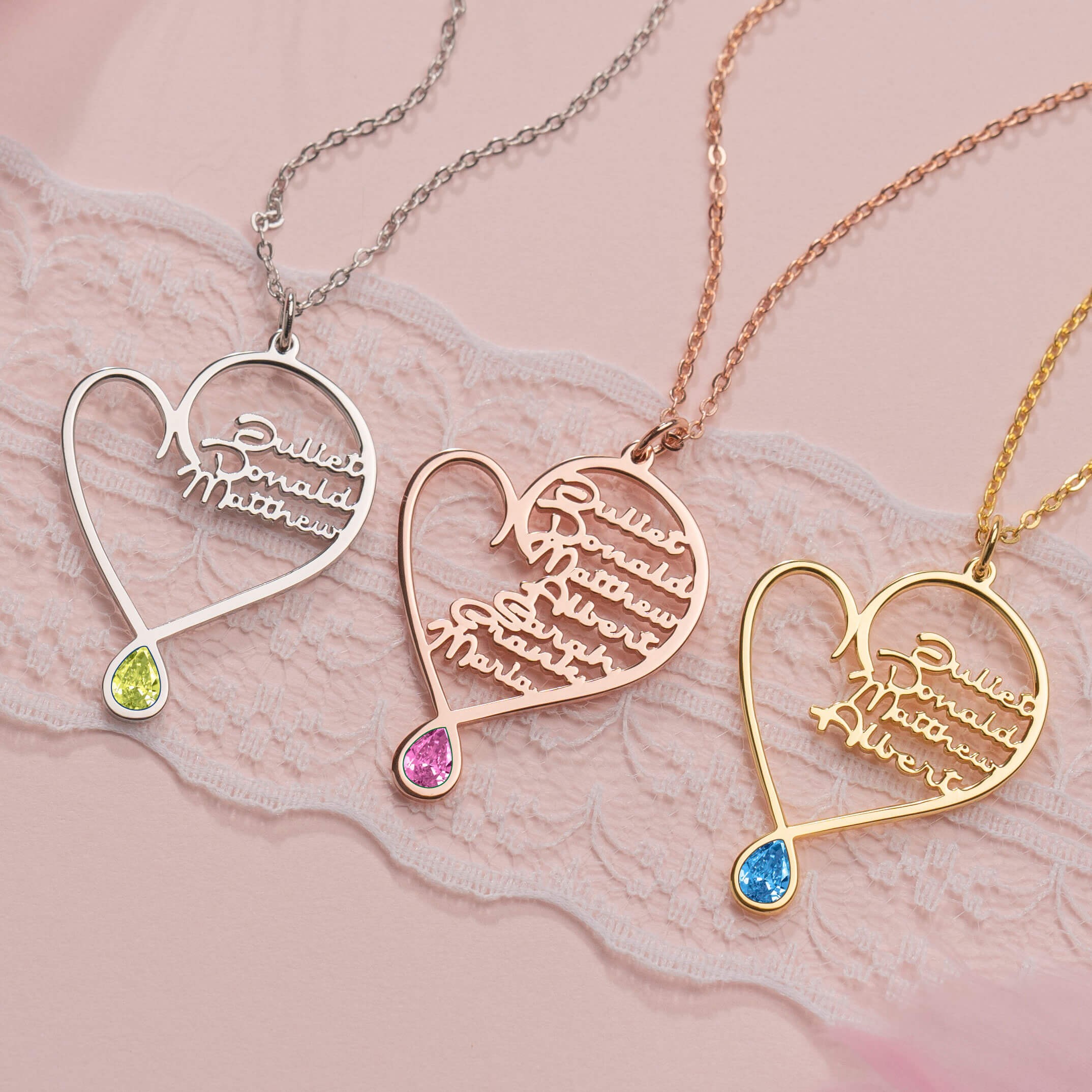 18K Gold Plating Personalized Written With Love Heart 1-8 Names Necklace With Birthstone