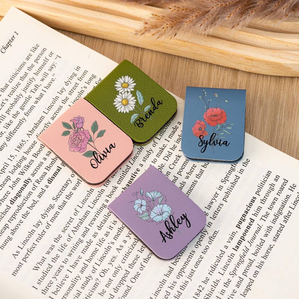 Custom Leather Magnetic Bookmark with Birth Flower,Name Leather Book Mark for Him/Her