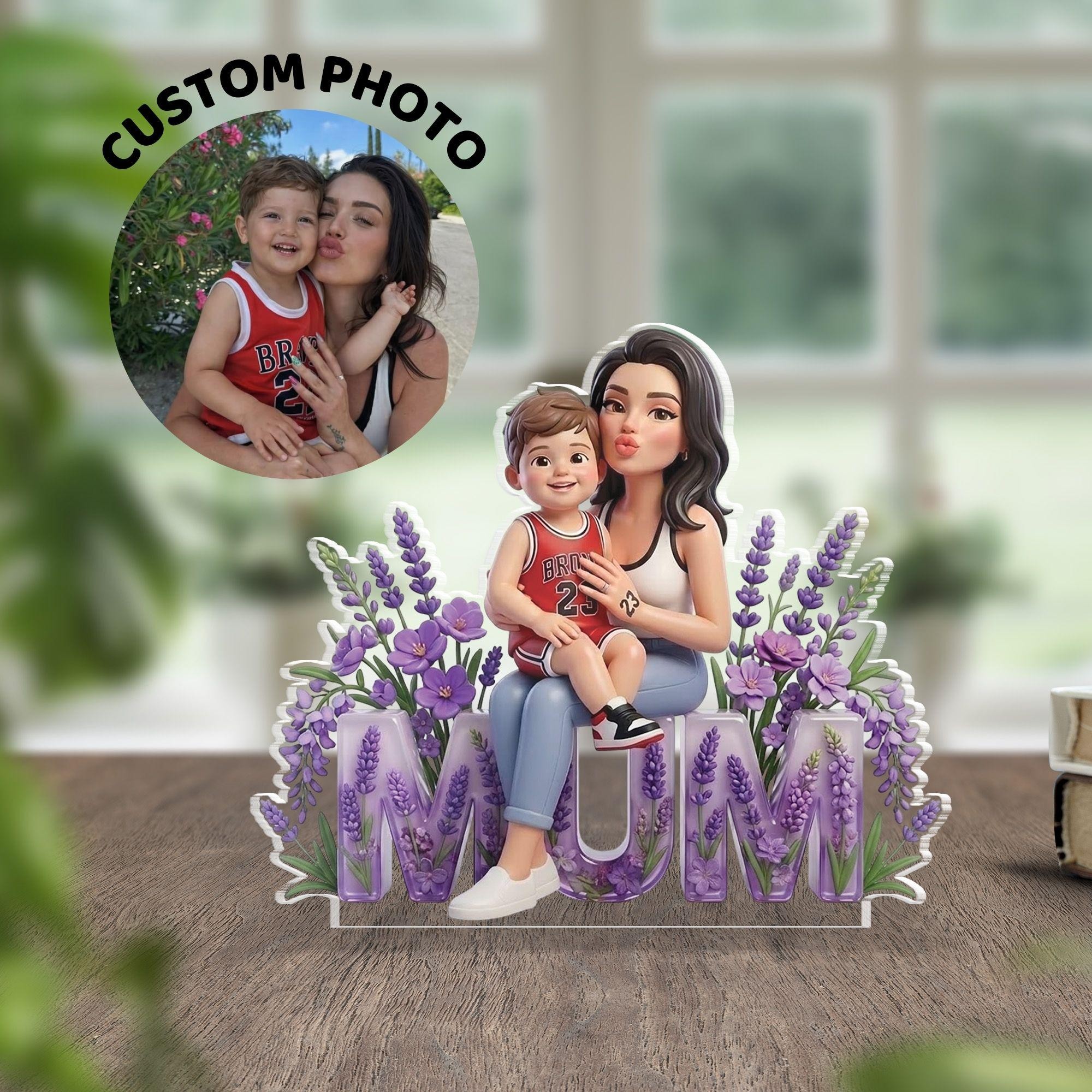 Custom Acrylic Photo Block – Cartoon Illustration with Floral Mum Letters