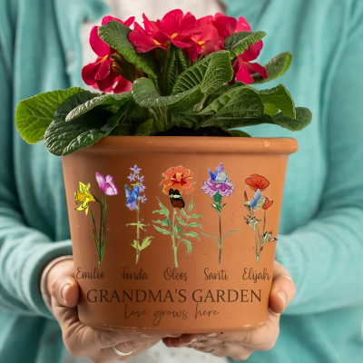 Engraved Flower Personalized Pot With Birth Month Flower and Loved One's Name.