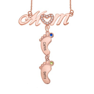 18K Rose Gold Plating Personalized Mom Name Necklace With Birthstones 1-10 BabyFeet Charms