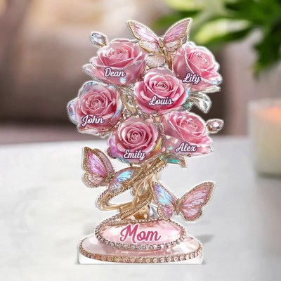 Custom Family Rose Tree Acrylic with Names Butterfly Flower Decor for Mother’s Day