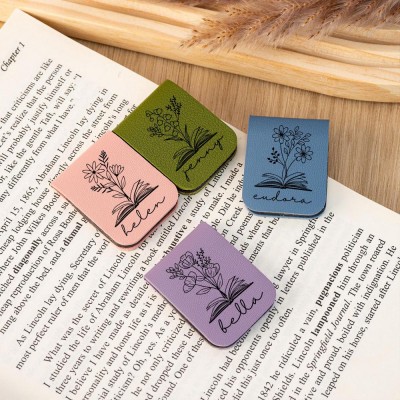 Custom Leather Magnetic Bookmark with Birth Flower,Name Leather Book Mark for Him/Her