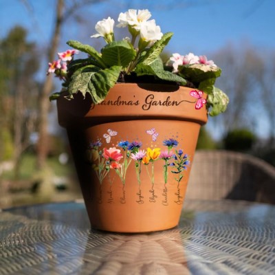 Engraved Flower Personalized Pot With Birth Month Flower and Loved One's Name.