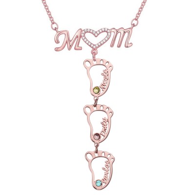 18K Rose Gold Plating Personalized 1-10 Hollow BabyFeet Name Mom Necklace With Birthstones