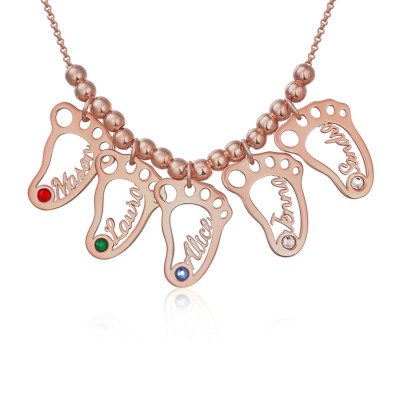 18K Rose Gold Plating Personalized 1-10 Hollow Baby Feet Name Necklace With Birthstone