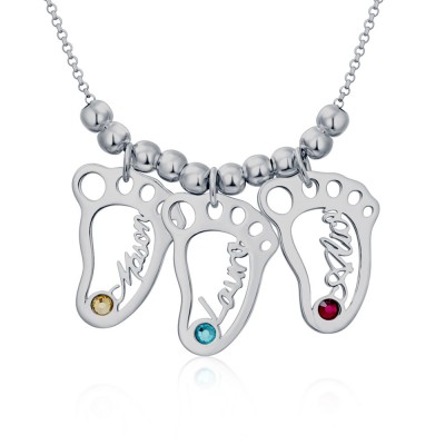 Silver Personalized 1-10 Hollow Baby Feet Name Necklace With Birthstone