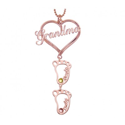18K Rose Gold Plating Personalized Grandma Heart Birthstones Name Necklace with 1-10 Hollow BabyFeet Charms