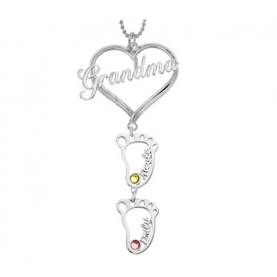 Silver Personalized Grandma Heart Birthstones Name Necklace with 1-10 Hollow BabyFeet Charms