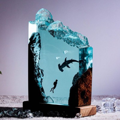 Hammerhead Shark and Diver Resin Night Light Epoxy and Wooden Lamp