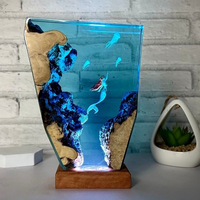 Mermaid and Jellyfish resin night light,Epoxy and Wooden Night Lights, Birthday Gifts, Father gift,gift for him
