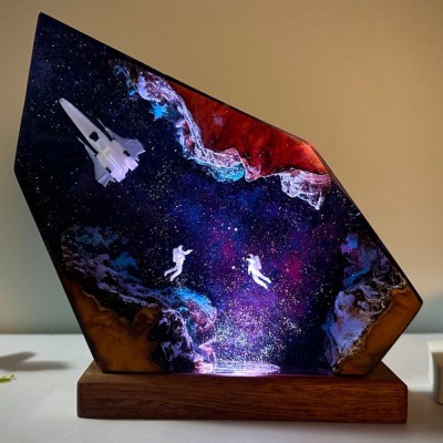 Space epoxy wood lamp, Universe Lamp, Galaxy Night Light, Winter Gift, Valentines day gift, Fathers day gift