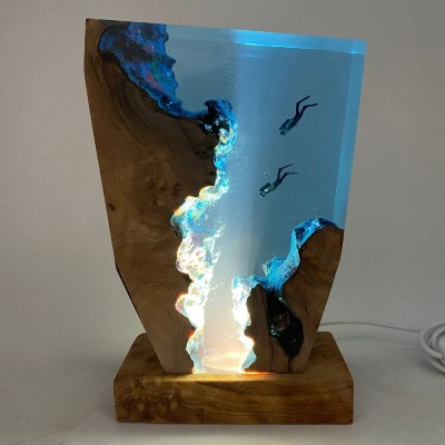 Diver's Night Light, Scuba Diving Deep Sea Exploration, Personalised Epoxy Wooden Light, Freediving, Unique Decor Gift,  Gift For Her or Him