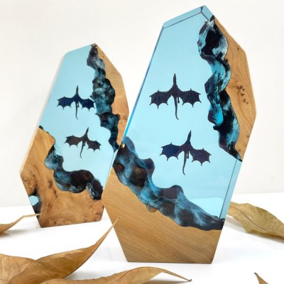 Dragon Night Light Desk Decor, Ice Dragon & Fire Dragon, Resin Wood Lamp