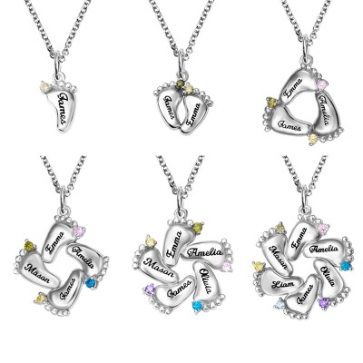 Personalized 1-6 Baby Feet Birthstone and Name Necklace for Mother's Day Gifts