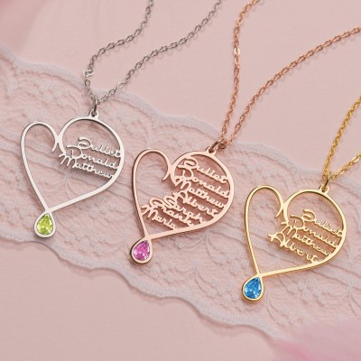 18K Gold Plating Personalized Written With Love Heart 1-8 Names Necklace With Birthstone