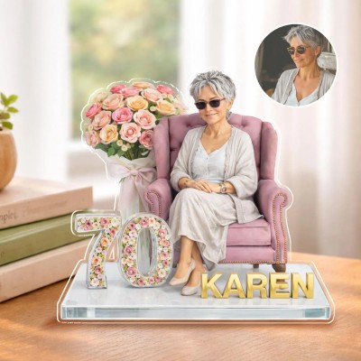 Personalized Birthday Custom Shaped Acrylic Plaque, Custom Photo Acrylic Block, Gift For Her - Flower Bouquet And Number, Mothers Day Gift