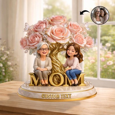 Custom Rose Flower Tree Acrylic Plaque, Personalized Mom Daughter Gift, 3D Cartoon Portrait Sign, Birthday Gift for Mom, Desktop Decor