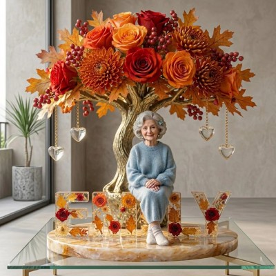 Personalized Acrylic Flower Name Sign: Crystal Tree Plaque, Photo Keepsake Gift for Mom, Grandma, Nana